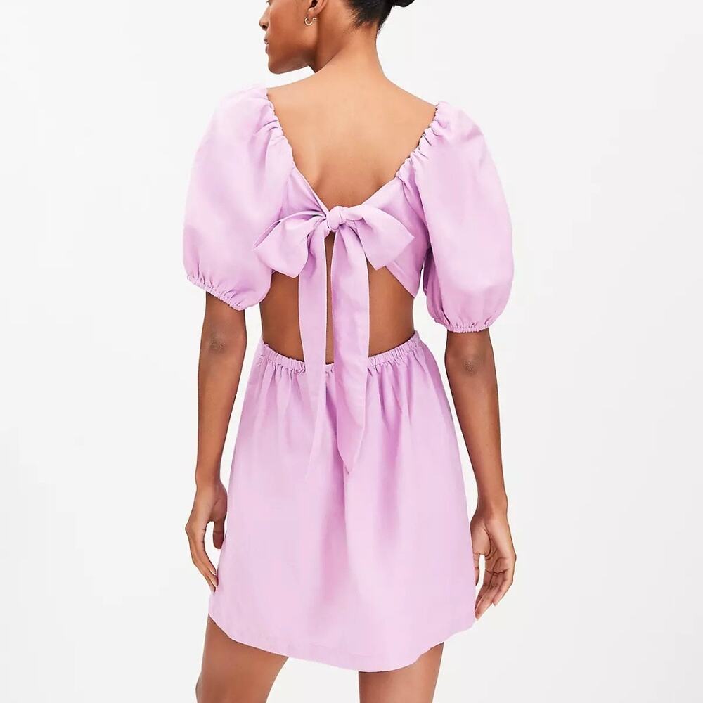 Loft Beach Linen Blend Puff Sleeve Mini Dress Lavender Size Womens Small